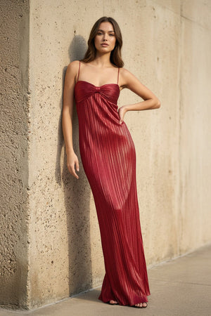 Metallic Pleated Maxi Dress in Red - SHE IS ME