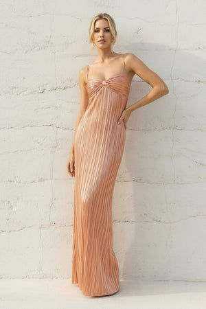 Metallic Pleated Maxi Dress in Rose Gold - SHE IS ME