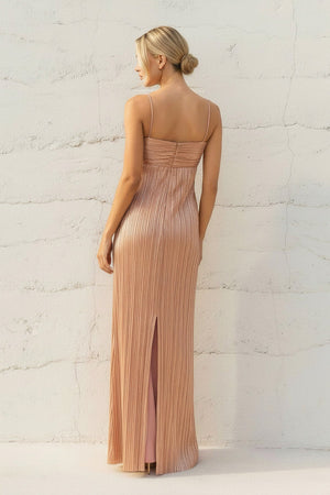 Metallic Pleated Maxi Dress in Rose Gold - SHE IS ME