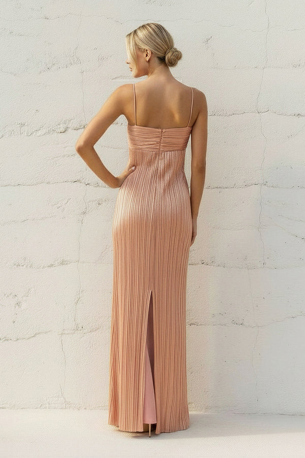 Metallic Pleated Maxi Dress in Rose Gold - SHE IS ME