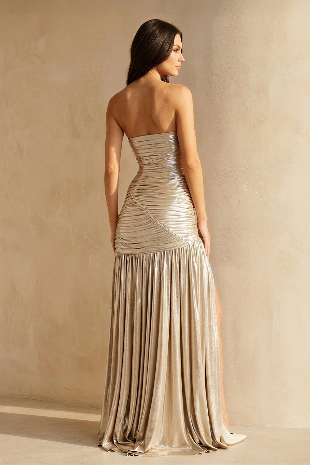 Metallic Pleated Maxi Dress With Slit in Champagne - SHE IS ME