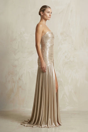 Metallic Pleated Maxi Dress With Slit in Champagne - SHE IS ME Prom Dresses