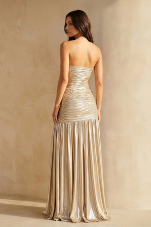 Metallic Pleated Maxi Dress With Slit in Champagne - SHE IS ME