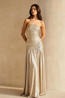 Metallic Pleated Maxi Dress With Slit in Champagne - SHE IS ME