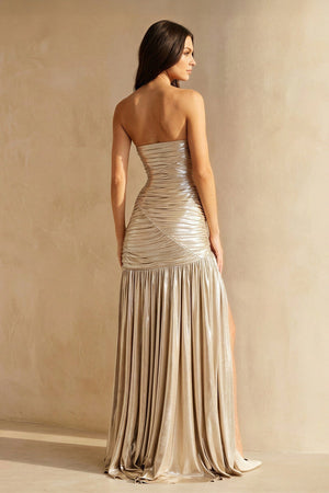 Metallic Pleated Maxi Dress With Slit in Champagne - SHE IS ME Prom Dresses