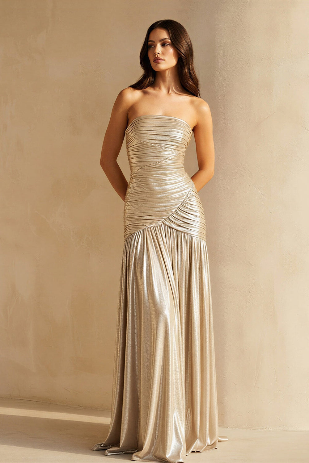 Metallic Pleated Maxi Dress With Slit in Champagne - SHE IS ME Prom Dresses
