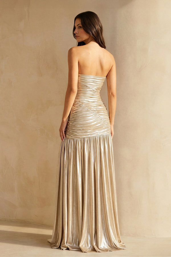 Metallic Pleated Maxi Dress With Slit in Champagne - SHE IS ME Prom Dresses