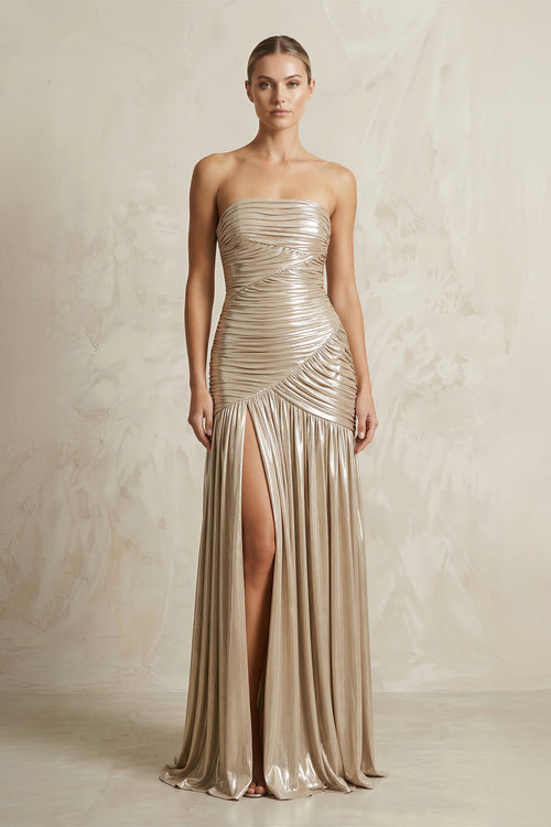 Metallic Pleated Maxi Dress With Slit in Champagne