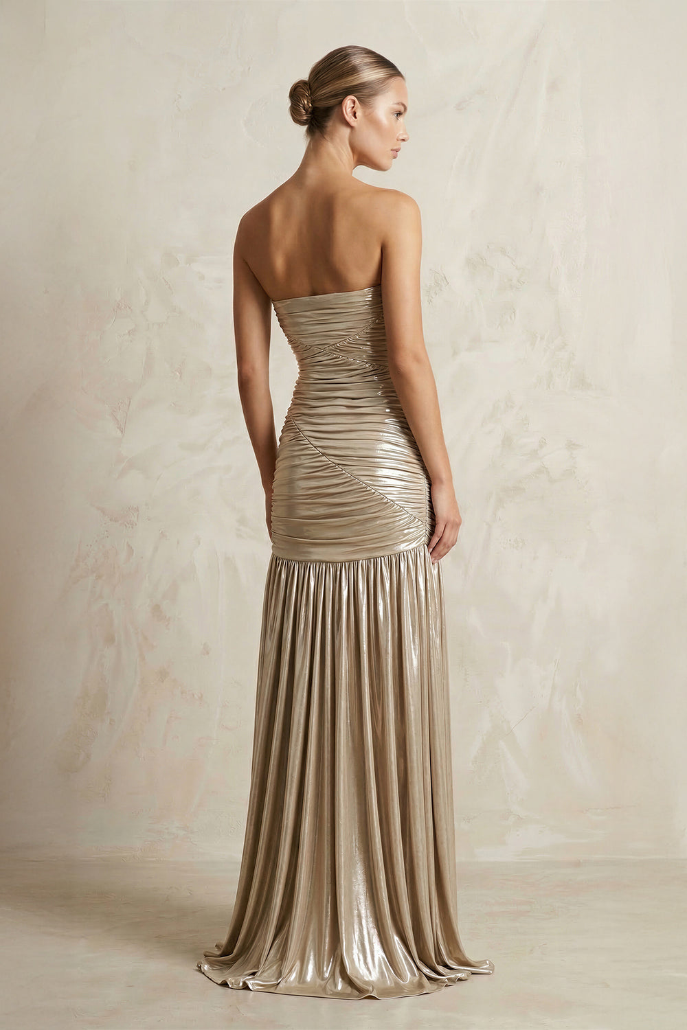 Metallic Pleated Maxi Dress With Slit in Champagne