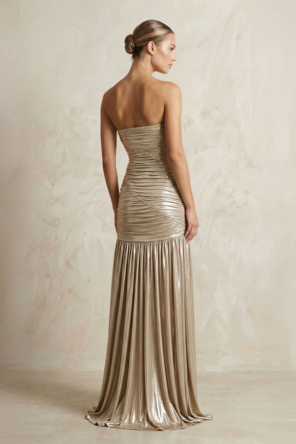 Metallic Pleated Maxi Dress With Slit in Champagne