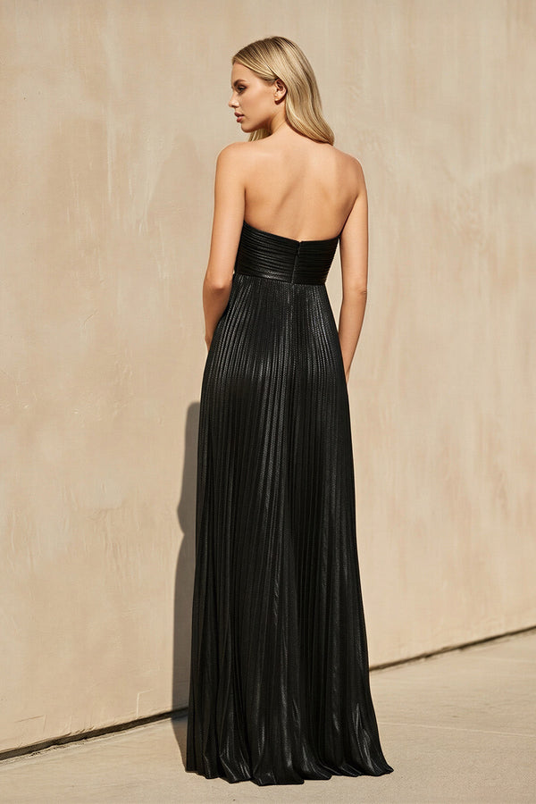 Metallic Strapless Maxi Dress With Slit in Black - SHE IS ME PROM DRESSES