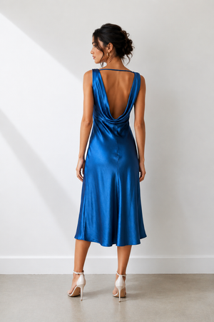 Woman wearing a blue satin dress with a backless design against a white wall.