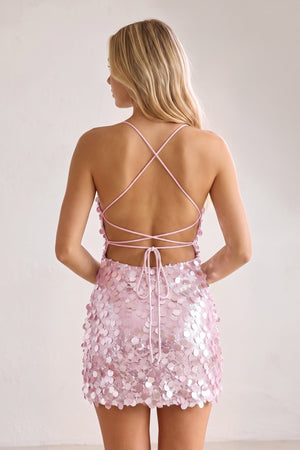 Pink Sparkly Spaghetti Straps Sequin Sheath Homecoming Dress (2) | SHEISME