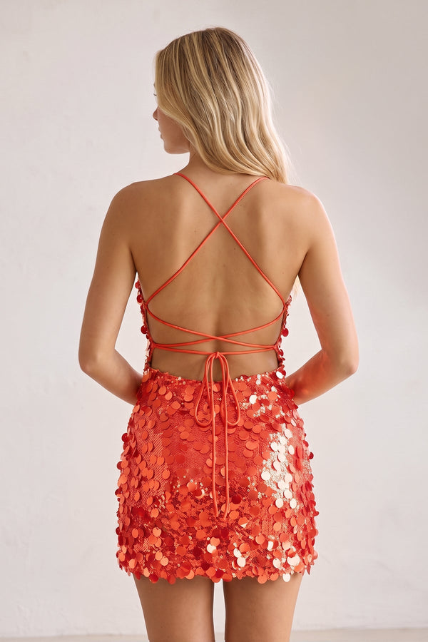 Orange Sparkly Spaghetti Straps Sequin Sheath Homecoming Dress (2) | SHEISME