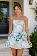 Mint Green Strapless Jacquard A-Line Homecoming Dress with Bowknot | SHEISME