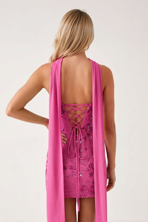 Hot Pink Strapless Sheath Embroidered Tulle Homecoming Dress with Scarf (2) | SHEISME