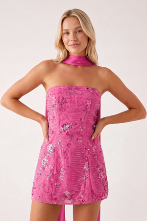 Hot Pink Strapless Sheath Embroidered Tulle Homecoming Dress with Scarf | SHEISME