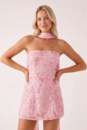 Pink Strapless Sheath Embroidered Tulle Homecoming Dress with Scarf | SHEISME