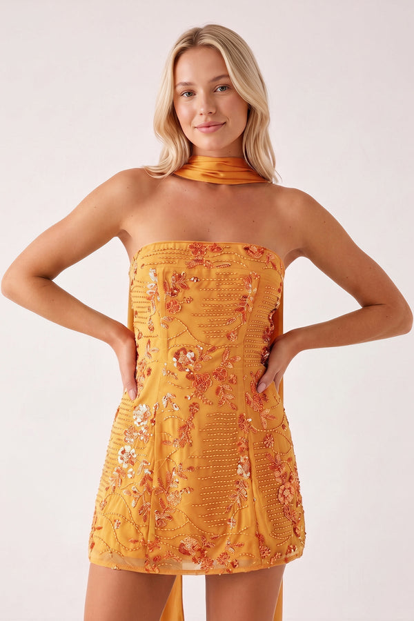 Orange Strapless Sheath Embroidered Tulle Homecoming Dress with Scarf | SHEISME