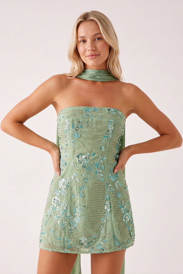 Mint Green Strapless Sheath Embroidered Tulle Homecoming Dress with Scraf | SHEISME