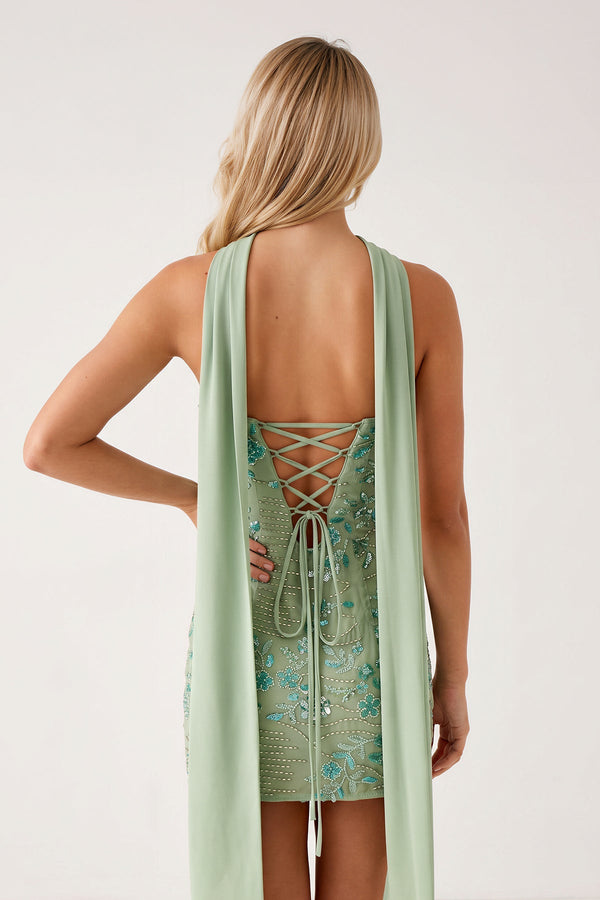 Mint Green Strapless Sheath Embroidered Tulle Homecoming Dress with Scraf (2) | SHEISME