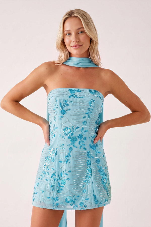 Blue Strapless Sheath Embroidered Tulle Homecoming Dress with Scarf | SHEISME
