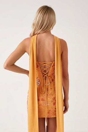 Orange Strapless Sheath Embroidered Tulle Homecoming Dress with Scarf (2) | SHEISME