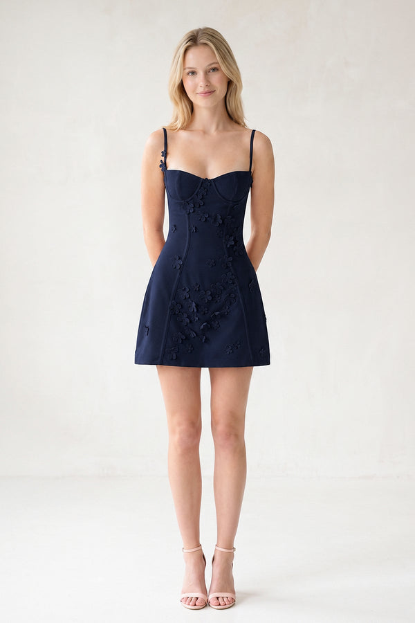 Navy Blue A-Line Appliqued Spaghetti Straps Short Homecoming Dress (5) | SHEISME