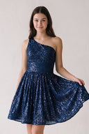 Navy Blue A-Line One Shoulder Sequins Homecoming Dress-SHEISME