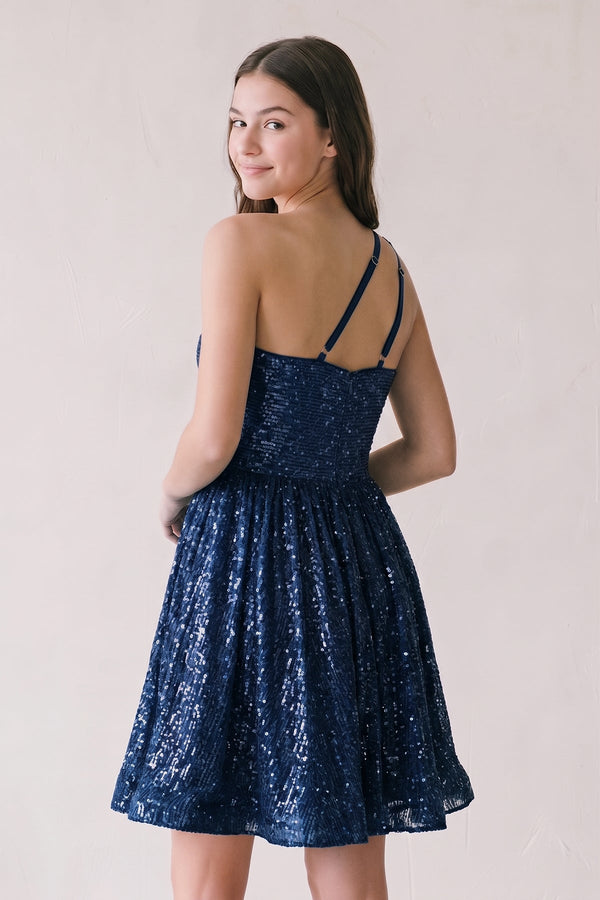 Navy Blue A-Line One Shoulder Sequins Homecoming Dress-SHEISME