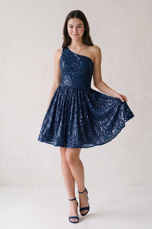 Navy Blue A-Line One Shoulder Sequins Homecoming Dress-SHEISME