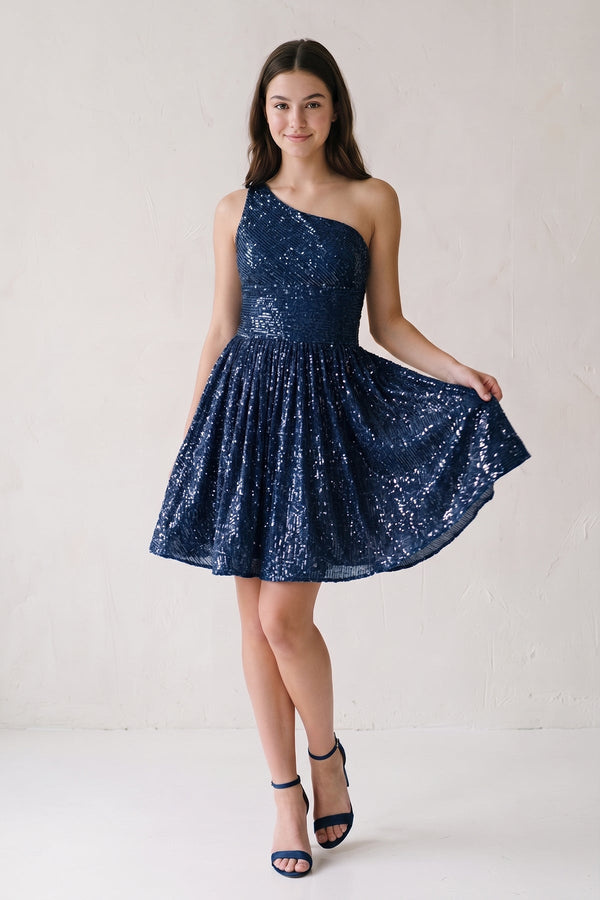 Navy Blue A-Line One Shoulder Sequins Homecoming Dress-SHEISME