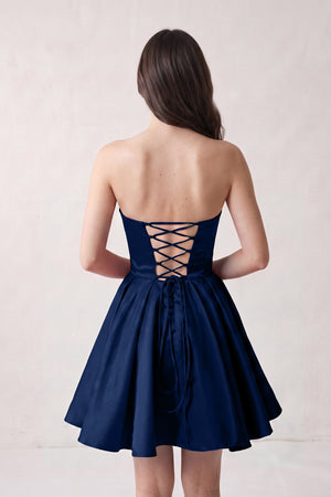 Navy Blue A Line Strapless Satin Homecoming Dress (2) | SHEISME