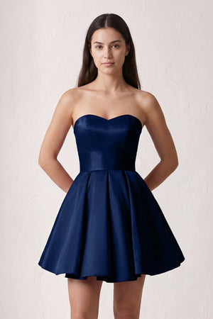 Navy Blue A Line Strapless Satin Homecoming Dress | SHEISME