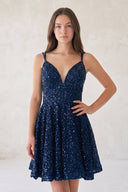 Navy Blue A Line V Neck Sequined Short Homecoming Dresses | SHEISME