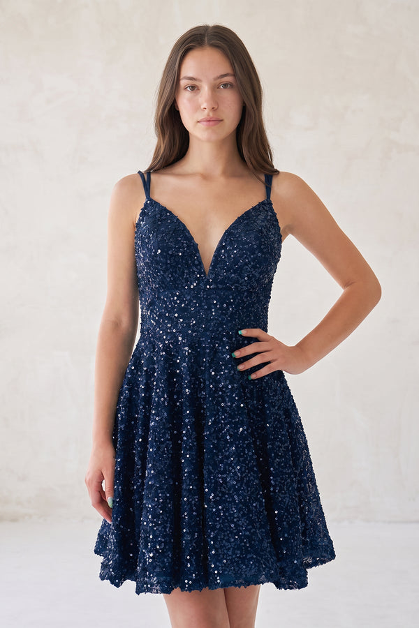 Navy Blue A Line V Neck Sequined Short Homecoming Dresses | SHEISME