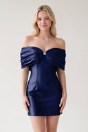 Navy Blue Off The Shoulder Satin Bodycon Short Homecoming Dress With Beading | SHEISME