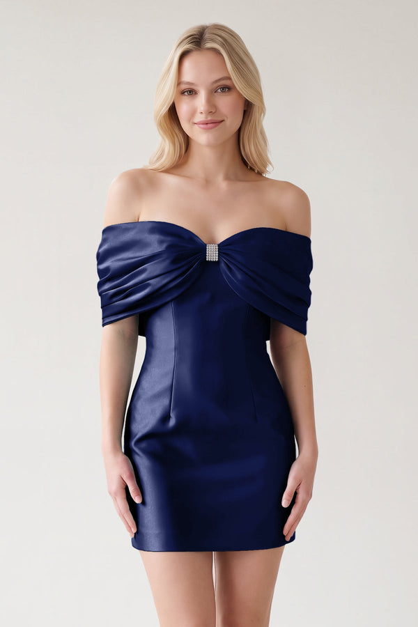 Navy Blue Off The Shoulder Satin Bodycon Short Homecoming Dress With Beading | SHEISME