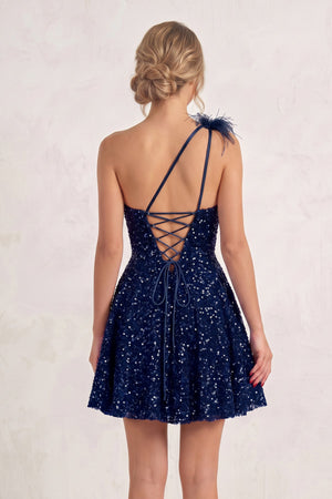 Navy Blue One Shoulder A Line Sequins Homecoming Dresses With Feathers (2) | SHEISME