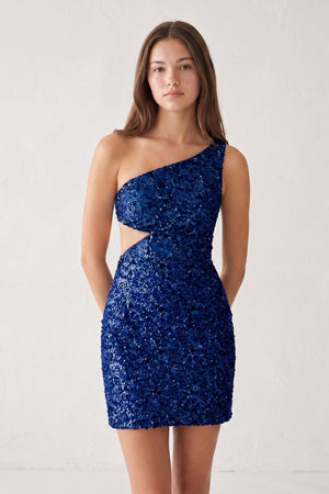 Navy Blue One Shoulder Sequins Bodycon Cut out Mini Homecoming Dresses | SHEISME