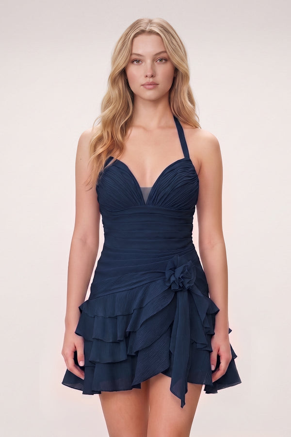 Navy Blue Organza Halter A-Line Pleated Ruffled Homecoming Dress | SHEISME