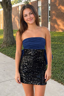 Navy Blue Sheath Strapless Sequined Bow Mini Party Dresses | SHEISME