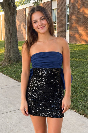 Navy Blue Sheath Strapless Sequined Bow Mini Party Dresses | SHEISME