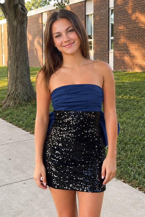 Navy Blue Sheath Strapless Sequined Bow Mini Party Dresses | SHEISME