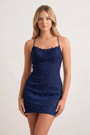 Navy Blue Sheath Spaghetti Straps Lace Short Homecoming Dresses-SHEISME