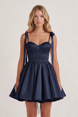 Navy Blue Spaghetti Straps Satin Pleated A-Line Homecoming Dress with Bow (3) | SHEISME
