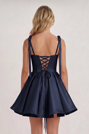 Navy Blue Spaghetti Straps Satin Pleated A-Line Homecoming Dress with Bow (4) | SHEISME