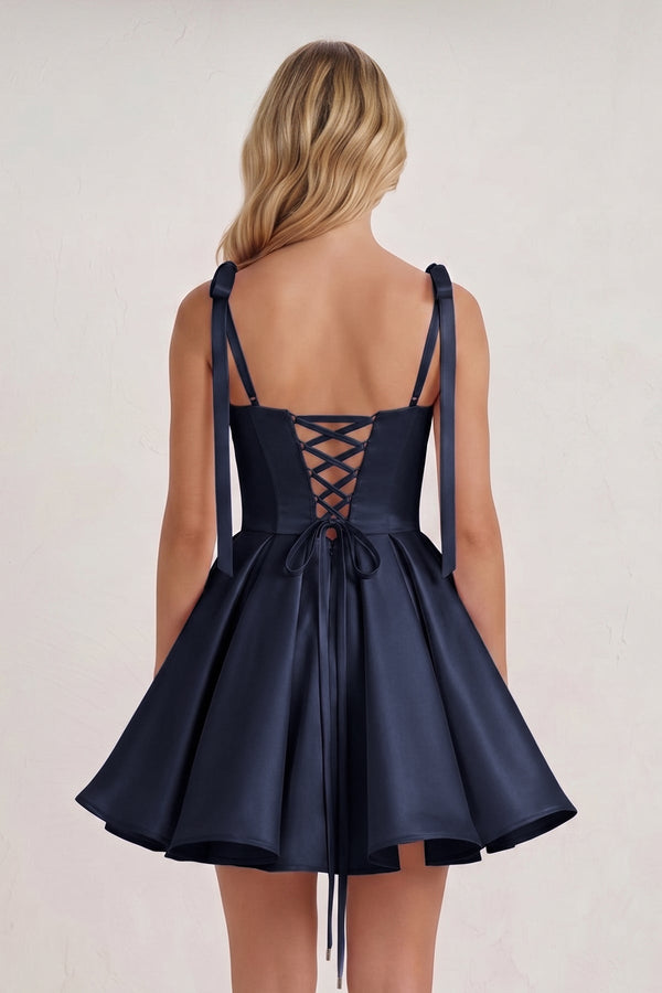 Navy Blue Spaghetti Straps Satin Pleated A-Line Homecoming Dress with Bow (4) | SHEISME
