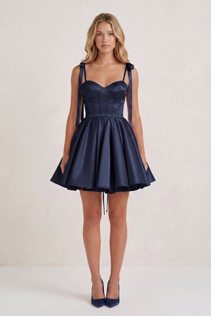Navy Blue Spaghetti Straps Satin Pleated A-Line Homecoming Dress with Bow (5) | SHEISME