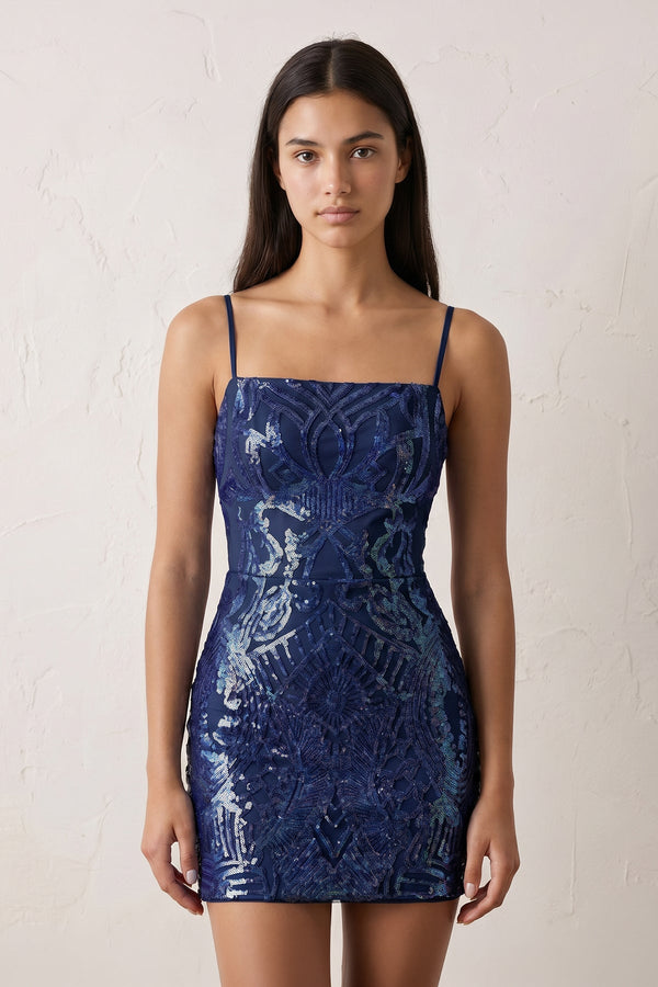 Navy Blue Sparkly Sequin Backless Bodycon Mini Party Dresses | SHEISME